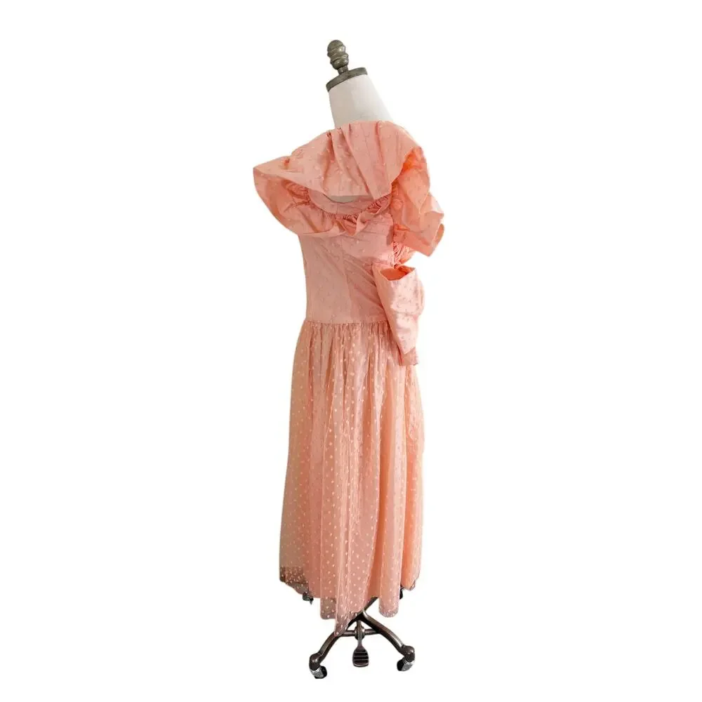 Vintage 80s Peach Tulle Swiss Dot Prom Dress Sz XS/S Short Sleeve Ruffle Accent